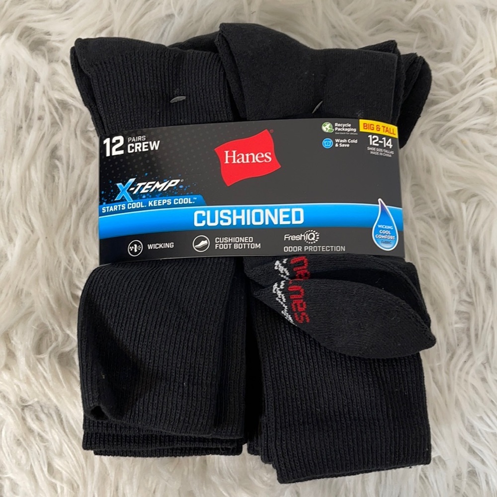 Hanes 12 Pairs X-Temp Cushioned Crew Socks Big & Tall Shoe Size 12-14 Black NEW - Picture 1 of 4